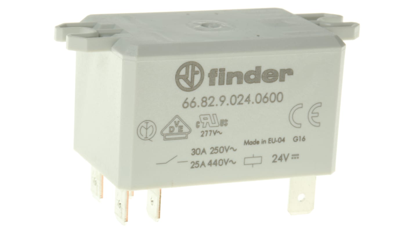 Relè di potenza Finder 66.82.9.024.0600, DPST, bobina 24V cc, montaggio su flangia, corrente 30A, dimensioni 68.5mm x 31mm x 33.5mm.