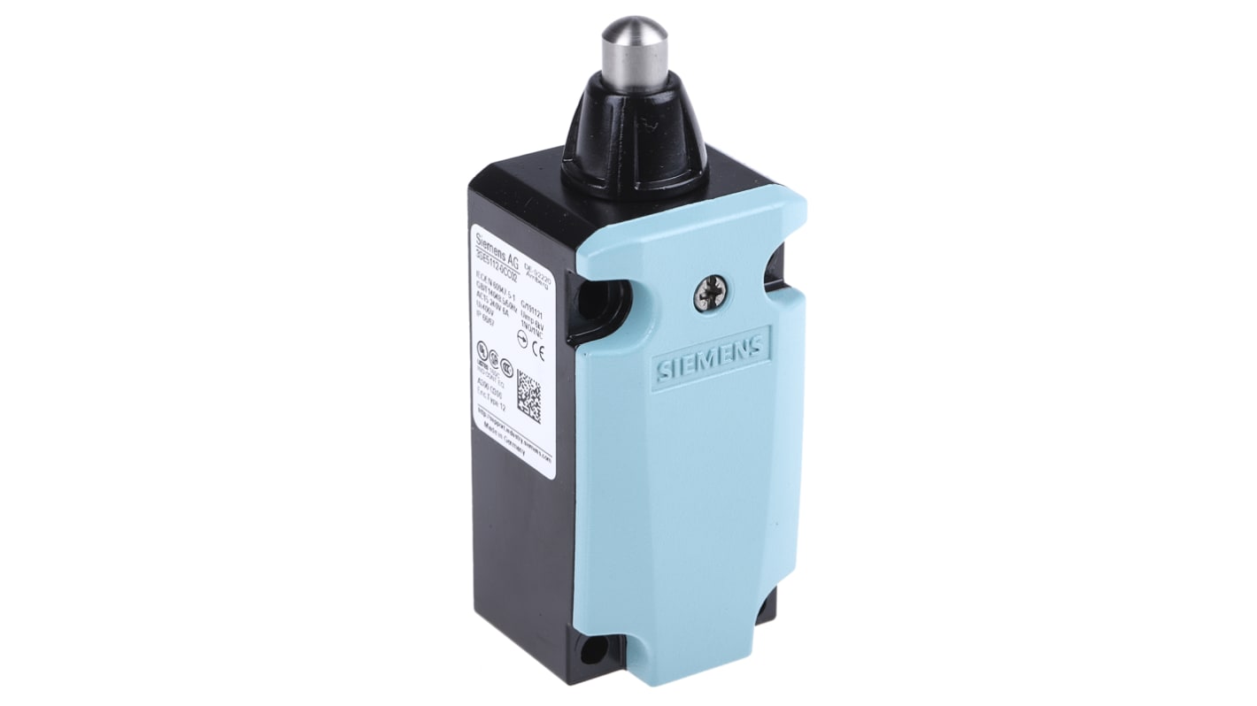 Interruttore di interblocco Siemens 3SE5112-0CC02, attuatore a stantuffo 1NO/1NC, protezione IP66/IP67, dimensioni 85.7x40.5x37.3mm.