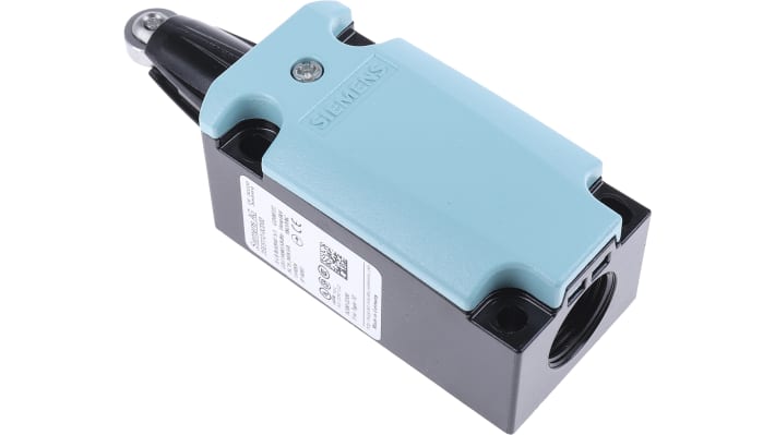 Interruttore di interblocco Siemens 3SE5112-0CD02, attuatore stantuffo, DPST, contatti NO/NC, IP66/IP67, dimensioni 85.7mm x 40.5mm x 37.3mm.