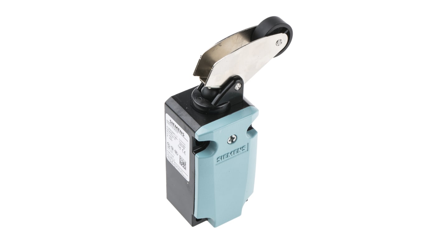 Interruttore di fine corsa Siemens 3SE5112-0CF01 con leva a rullo, configurazione DPST, protezione IP66/IP67, dimensioni 85.7x40.5x37.3 mm.