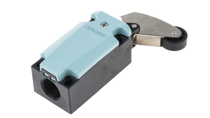 Interruttore di fine corsa Siemens 3SE5112-0CF01 con leva a rullo, configurazione DPST, protezione IP66/IP67, dimensioni 85.7x40.5x37.3 mm.