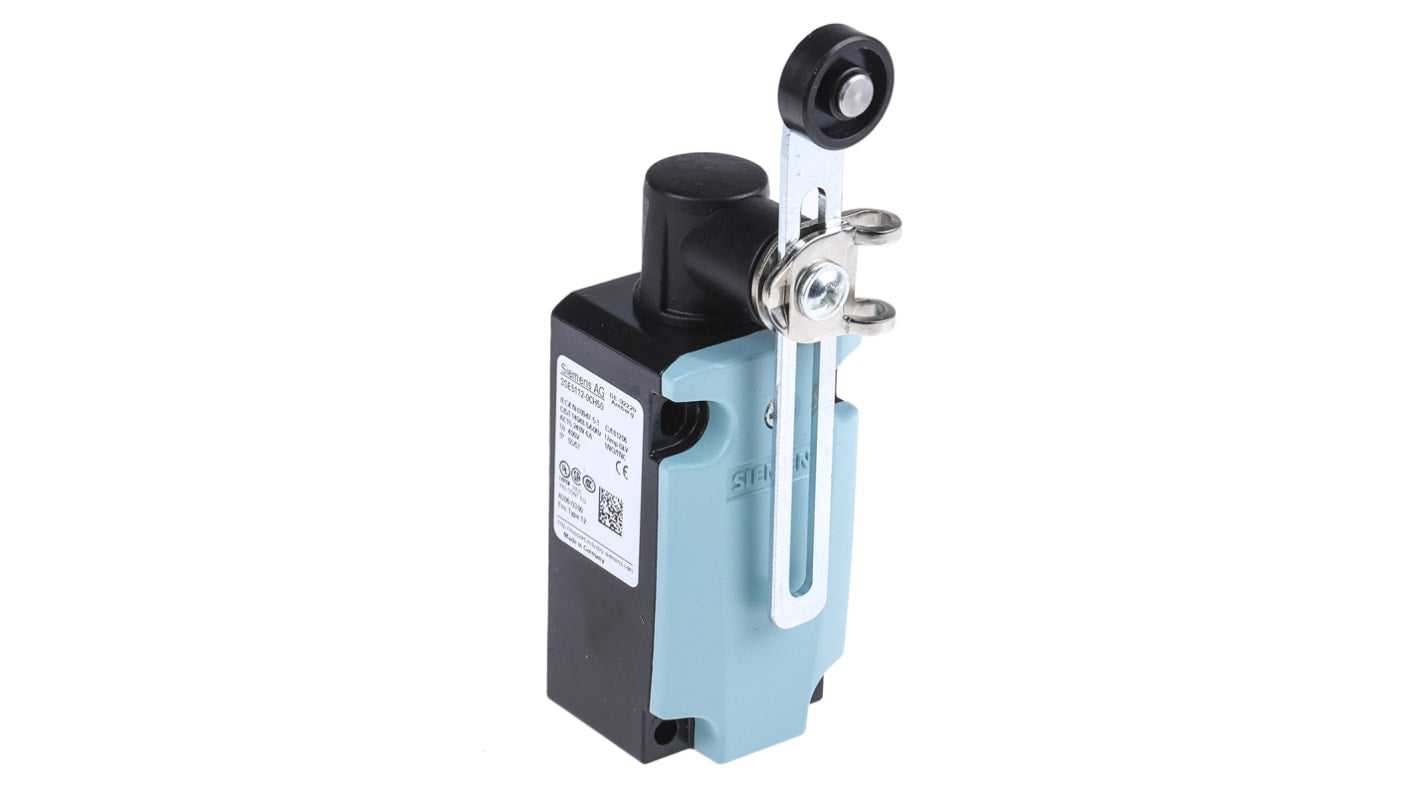 Interruttore di interblocco Siemens 3SE5112-0CH50, attuatore a leva a rullo, contatti NO/NC, protezione IP66/IP67, dimensioni 85,7 x 40,5 x 37,3 mm.