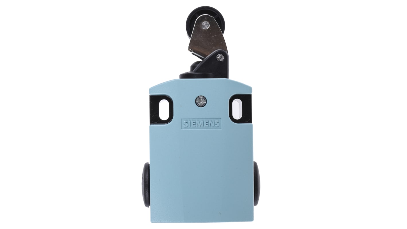 Interruttore di fine corsa Siemens 3SE5122-0CE01 con leva a rullo, configurazione DPST, protezione IP66/IP67, dimensioni 85.7 x 37.8 x 56 mm.