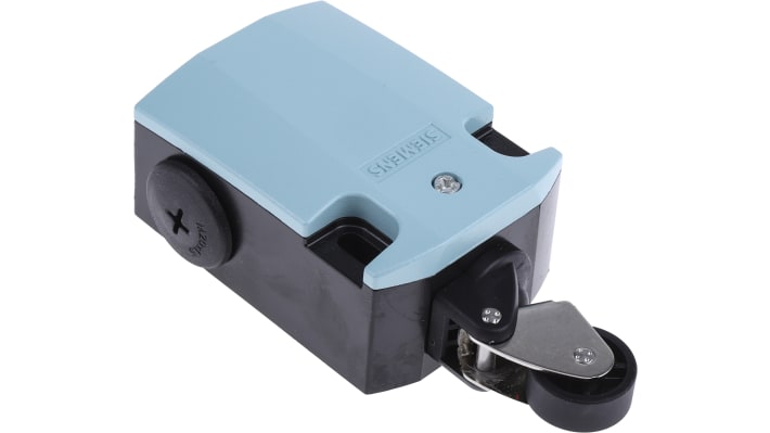Interruttore di fine corsa Siemens 3SE5122-0CE01 con leva a rullo, configurazione DPST, protezione IP66/IP67, dimensioni 85.7 x 37.8 x 56 mm.