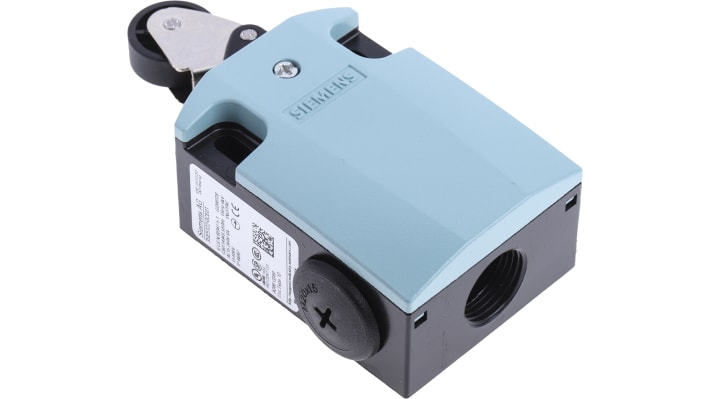 Interruttore di fine corsa Siemens 3SE5122-0CE01 con leva a rullo, configurazione DPST, protezione IP66/IP67, dimensioni 85.7 x 37.8 x 56 mm.