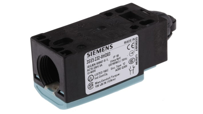 Siemens interruttore di fine corsa DPST con tasto a rotella, protezione IP65, dimensioni 75.7x33x31 mm, montaggio universale.