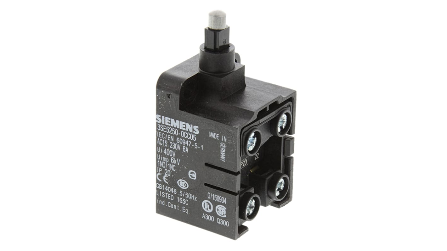 Interruttore di fine corsa Siemens 3SE5250-0CC05, stantuffo DPST, protezione IP20, dimensioni 42.5 mm x 27.8 mm x 30 mm.