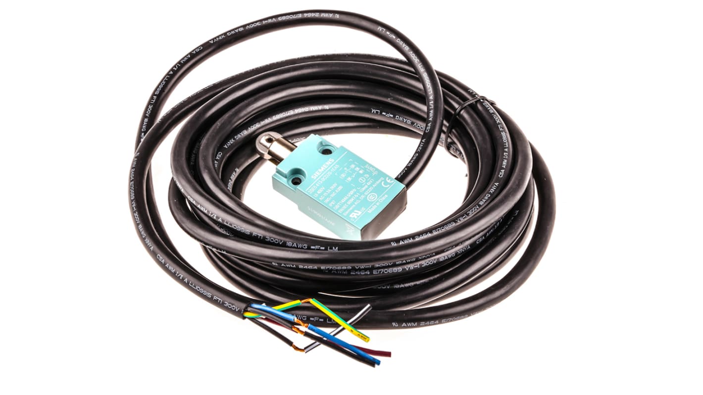 Interruttore di interblocco Siemens 3SE5413-0CD20-1EA5, tasto a rotella IP67, DPST, contatti NO/NC, custodia metallica, dimensioni 50x30x16.2 mm.