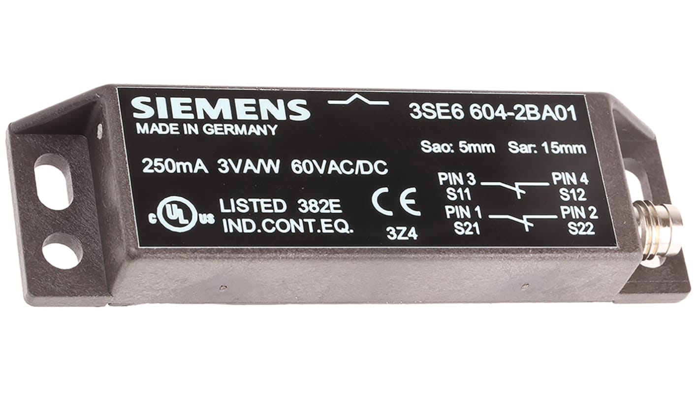 Interruttore di sicurezza senza contatto Siemens 3SE6604-2BA01, design rettangolare, IP67, dimensioni 88x25x13 mm, per montaggio su dispositivi mobili.