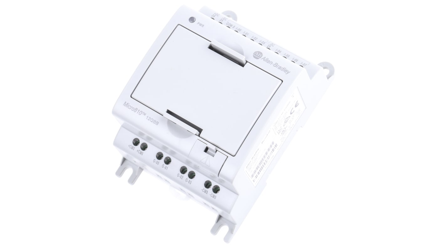 CPU PLC Allen Bradley Micro810 (cod. 2080-LC10-12QBB) con 8 ingressi, 4 uscite e 12 I/O a 24 V c.c. per applicazioni compatte.