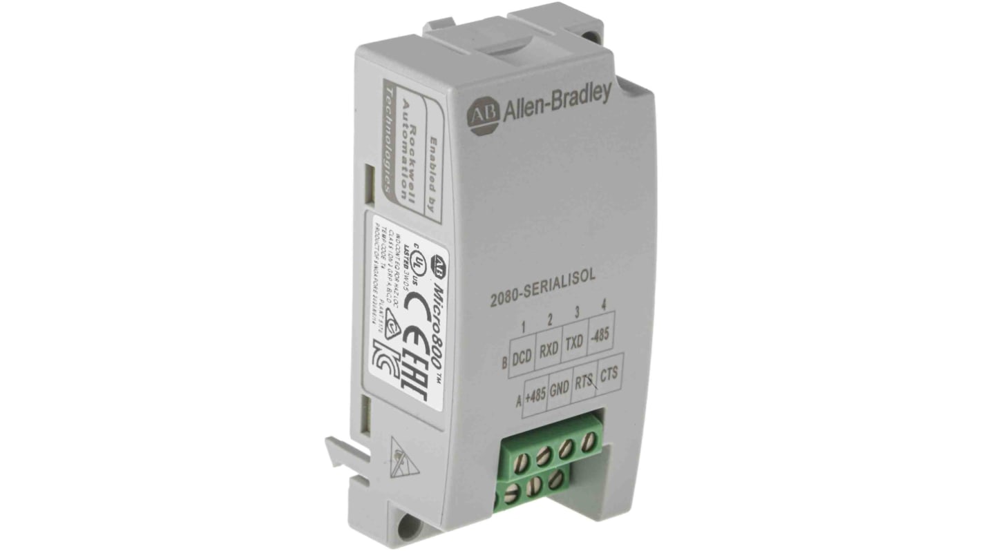 Allen Bradley 2080-SERIALISOL, modulo a innesto con porta seriale isolata per Micro 800, dimensioni 62 x 31,5 x 20 mm.