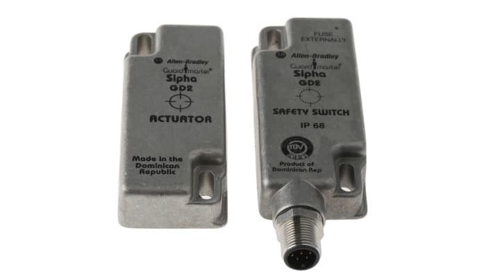 Interruttore di sicurezza magnetico Allen Bradley Guardmaster 440N-S32047, custodia in acciaio inox, grado di protezione IP67, dimensioni 78.5 x 33.5 x 16 mm.