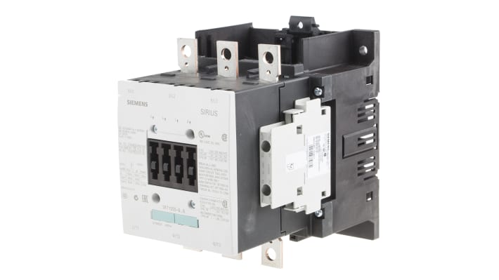Contattore Siemens 3RT1055-6LA06, 3 poli, 150 A, 75 kW, 400 V c.a., con 4 contatti ausiliari, dimensioni 170x120x169 mm.