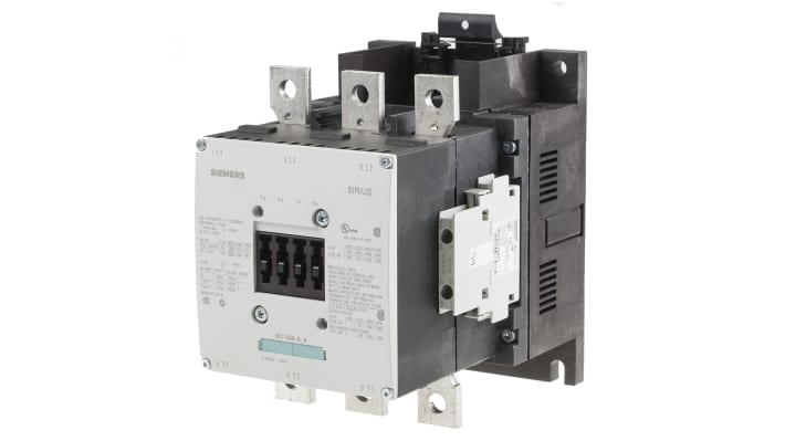 Contattore Siemens 3RT1066-6LA06, 3 poli, 265 A, 160 kW, 400 V c.a., dimensioni 202x145x210 mm, con 4 contatti ausiliari.