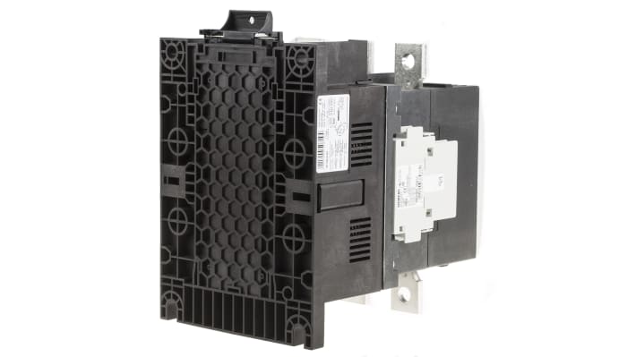 Contattore Siemens 3RT1066-6LA06, 3 poli, 265 A, 160 kW, 400 V c.a., dimensioni 202x145x210 mm, con 4 contatti ausiliari.