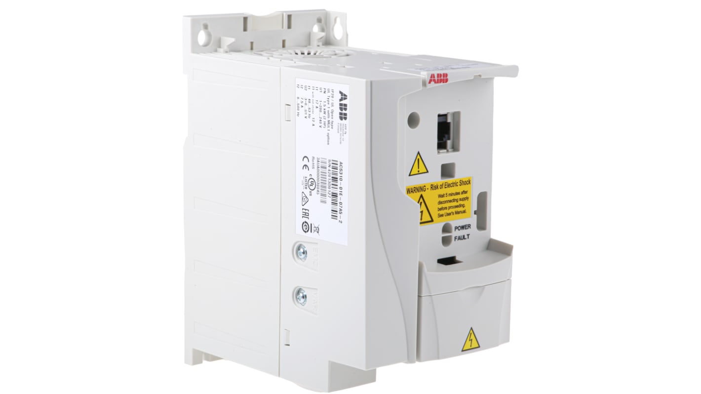 Inverter ABB ACS310-01E-07A5-2 per ventole e pompe, potenza 1,5 kW, alimentazione 230 V, dimensioni 105x239x165 mm.