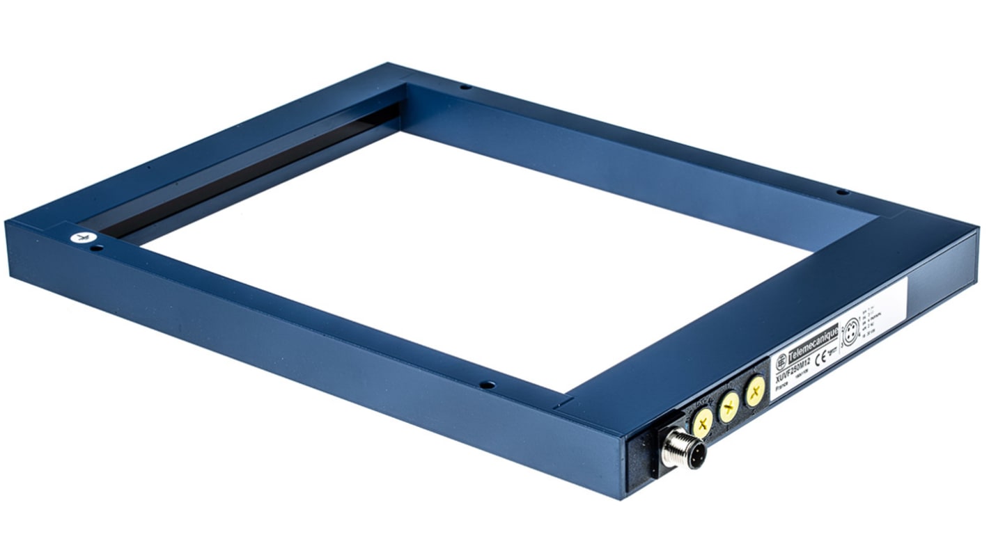 Telemecanique Sensors XUVF250M12, sensore fotoelettrico a infrarossi, rilevamento 6 mm, connettore M12, IP65, dimensioni 230x335x25 mm.
