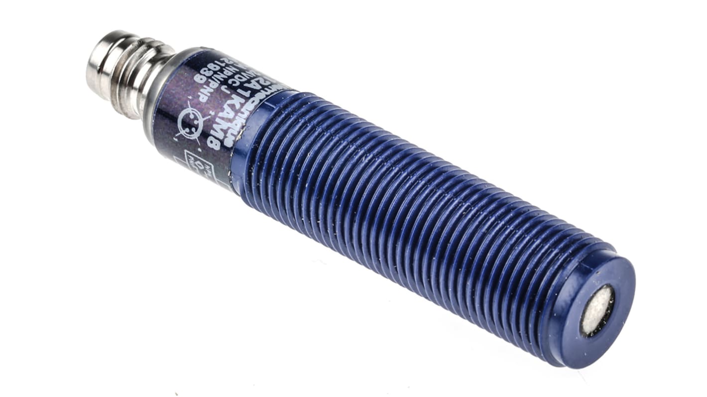 Sensore di prossimità cilindrico Telemecanique Sensors XX512A1KAM8, PNP/NPN, M12, rilevamento 0,0064-0,051 m, IP67, alimentazione 12-24 V DC.