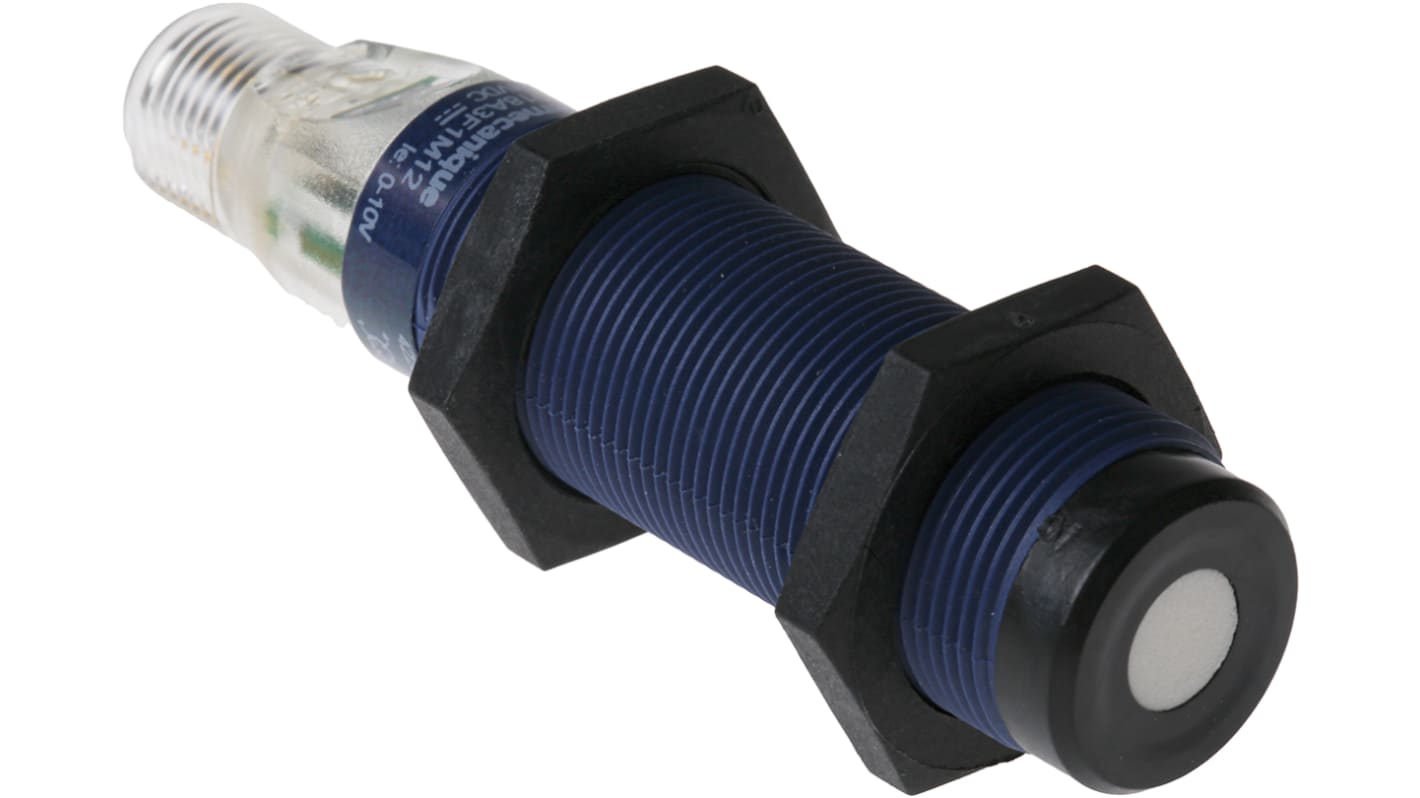 Sensore di prossimità cilindrico Telemecanique Sensors XX918A3F1M12, ultrasonico M18, uscita 0-10 V, rilevamento 50-500 mm, IP67.