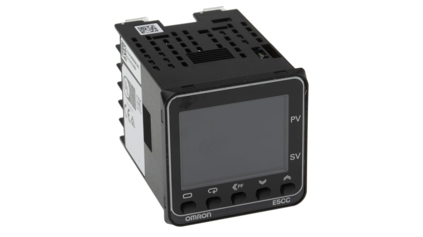 Termoregolatore PID Omron E5CC-QX3A5M-000, montaggio a pannello, dimensioni 48x48 mm, ingresso universale, gamma -200 a +2300 °C.