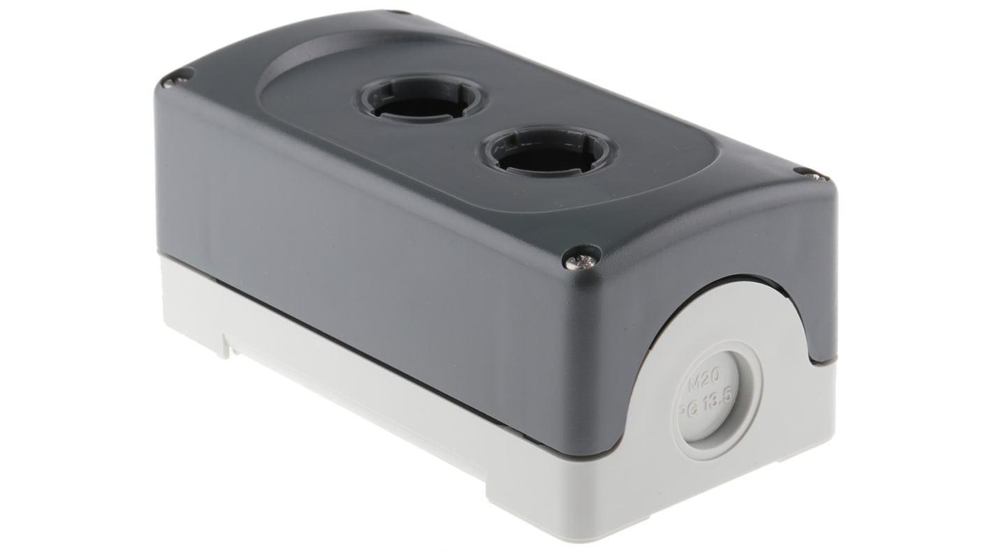 Scatola per pulsante ABB MEP2-0, IP66, plastica grigia, 2 fori Ø 22mm, dimensioni 141x74.4x60.5mm, viti in acciaio INOX incluse.
