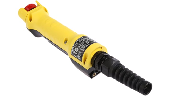 Interruttore di abilitazione di sicurezza Omron A4EG-BE2R041, 3 posizioni, 2NC, protezione IP65, dimensioni 294x63x48 mm.