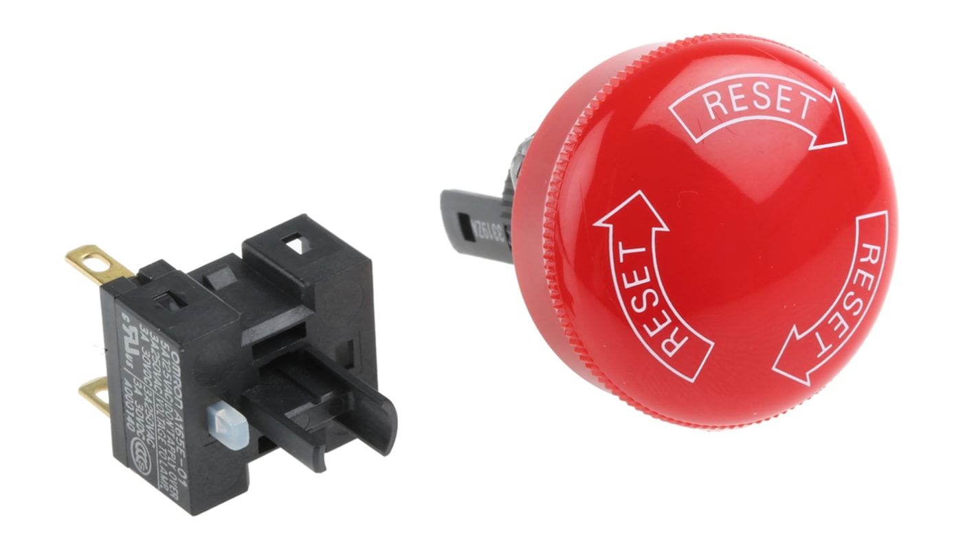 Pulsante di arresto di emergenza Omron A165E-S-01, montaggio a pannello, diametro foro 16mm, colore rosso, grado di protezione IP65.