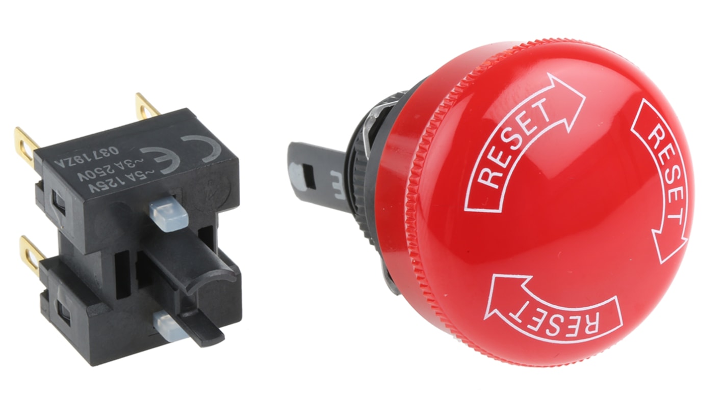 Pulsante di arresto di emergenza Omron A165E-S-02, testa a fungo rossa, montaggio a pannello, diametro 30mm, IP65.