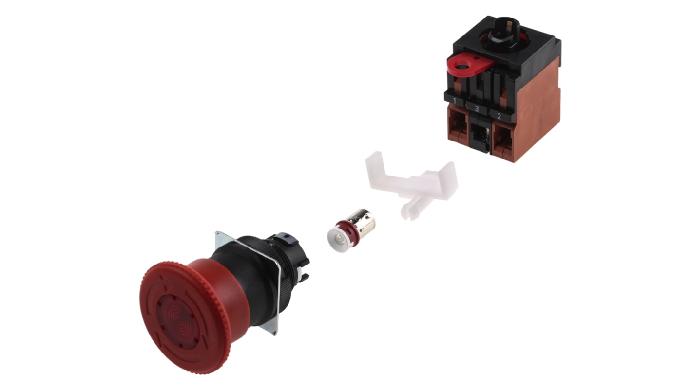 Omron A22EL-M-24A-02, pulsante di arresto di emergenza rosso, montaggio a pannello, grado di protezione IP65, interruttore 2NC.