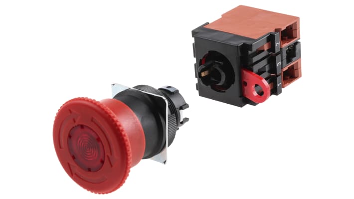 Omron A22EL-M-24A-02, pulsante di arresto di emergenza rosso, montaggio a pannello, grado di protezione IP65, interruttore 2NC.