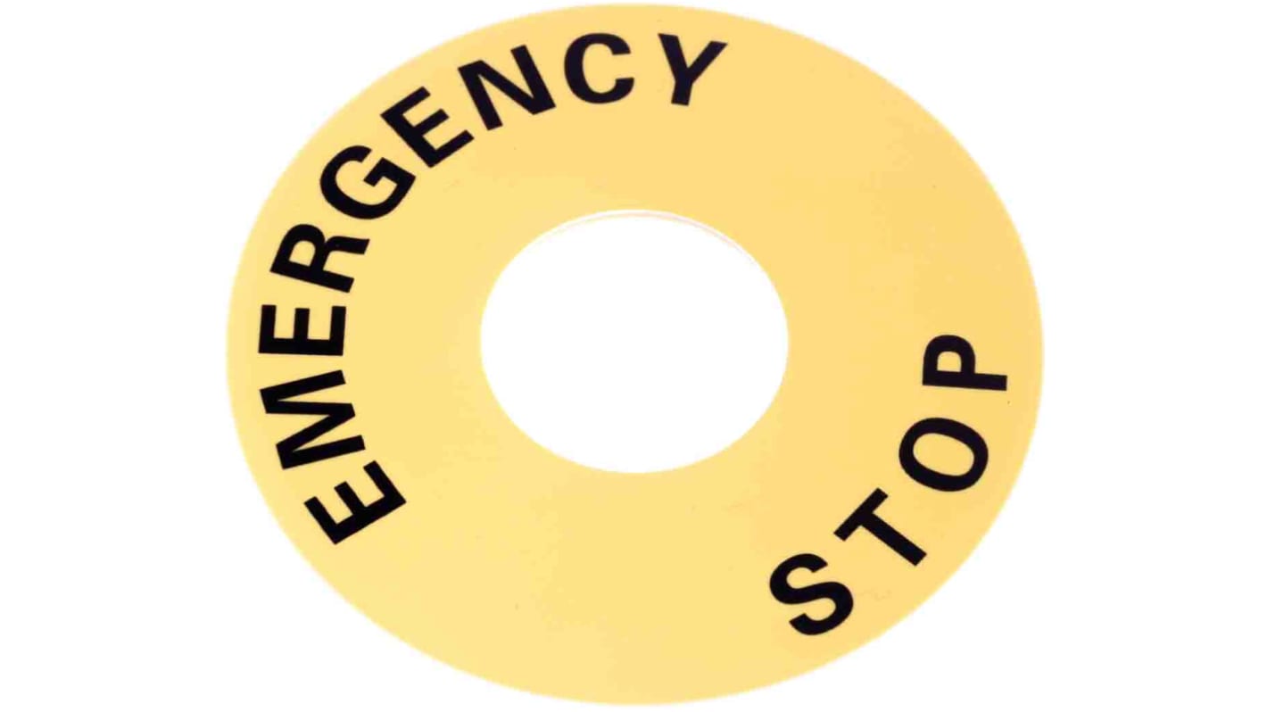 Piastra per legenda gialla Omron A22Z34661 per pulsante di arresto di emergenza, diametro 60 mm, testo nero resistente all'usura.