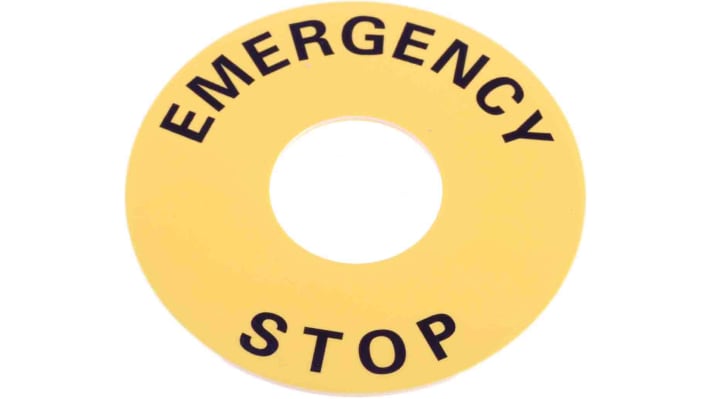 Piastra per legenda gialla Omron A22Z34661 per pulsante di arresto di emergenza, diametro 60 mm, testo nero resistente all'usura.