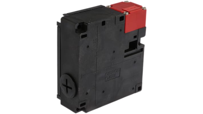 Interruttore di interblocco a solenoide Omron D4NL-4EFG-B, 24V cc, IP67, con meccanismo di bloccaggio e quattro contatti. Dimensioni 95mm x 88.5mm x 35.5mm.