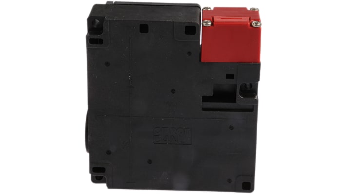 Interruttore di interblocco a solenoide Omron D4NL-4EFG-B, 24V cc, IP67, con meccanismo di bloccaggio e quattro contatti. Dimensioni 95mm x 88.5mm x 35.5mm.