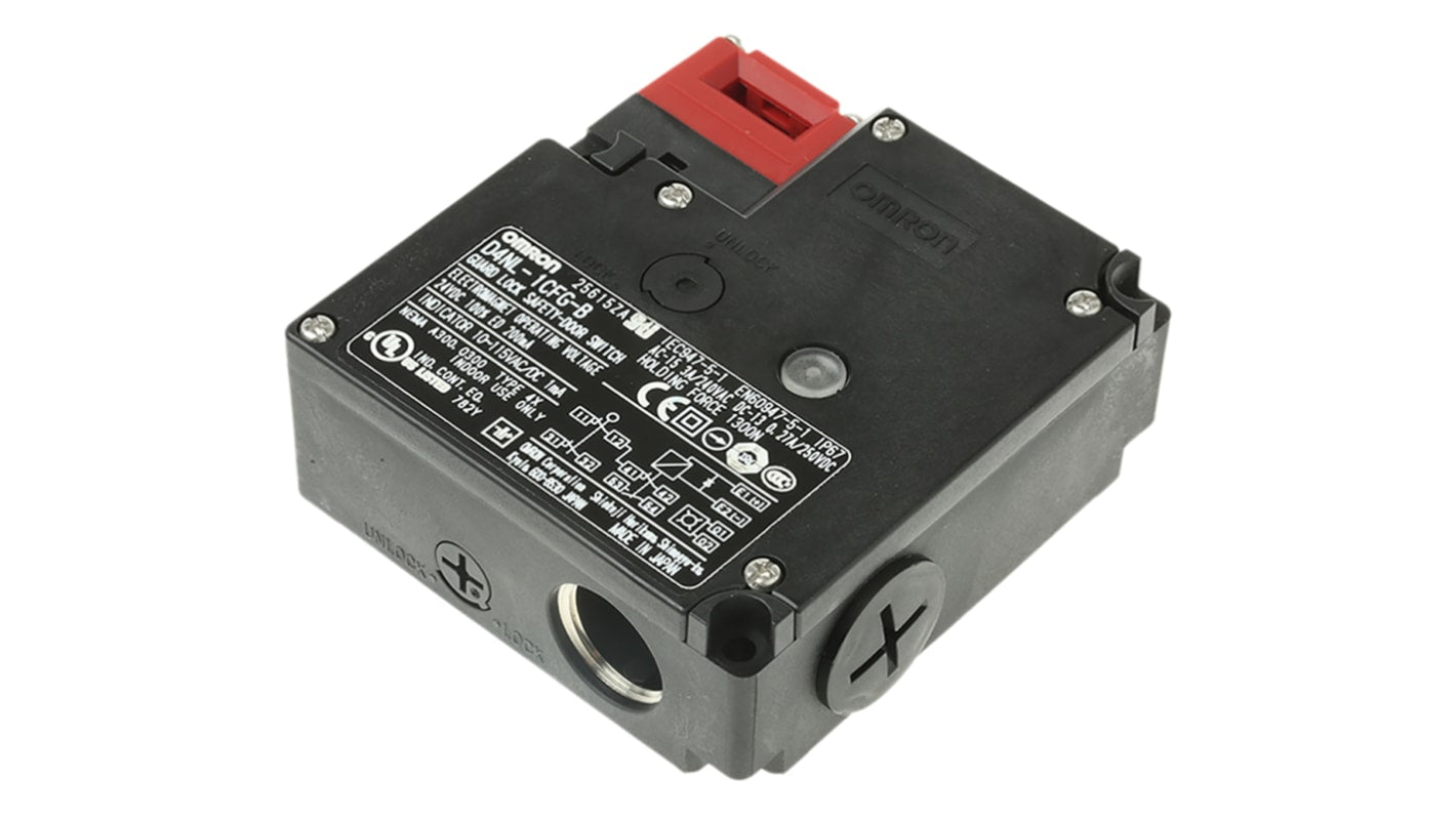 Interruttore di interblocco a solenoide Omron D4NL-1CFG-B, 24V cc, IP67, dimensioni 95mm x 88.5mm x 35.5mm, 2NC + 1NC/1NO.