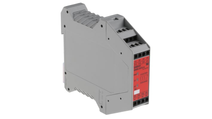 Relè di sicurezza Omron G9SB-3012-A, 24V, 2 canali, 3 contatti di sicurezza, montaggio su guida DIN, dimensioni 22,5x100x112 mm.