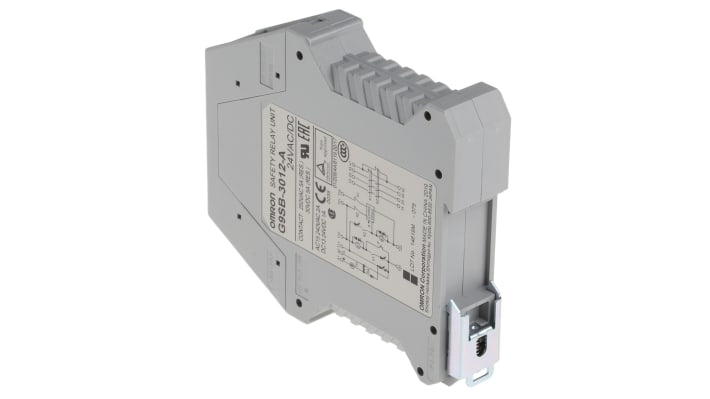 Relè di sicurezza Omron G9SB-3012-A, 24V, 2 canali, 3 contatti di sicurezza, montaggio su guida DIN, dimensioni 22,5x100x112 mm.