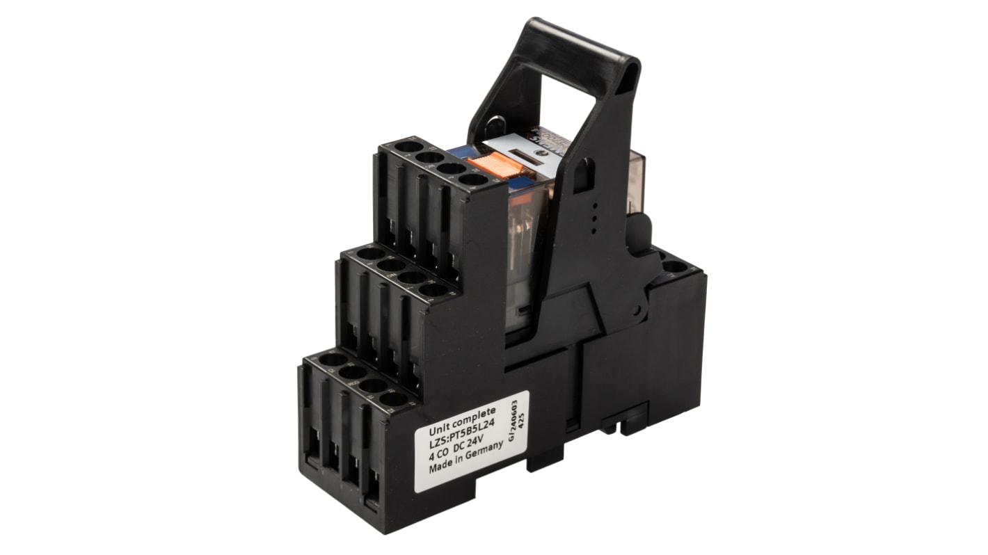 Relè d'interfaccia Siemens LZS, 4PDT, 24V cc, montaggio a innesto, dimensioni 79x79x28mm, con connettore femmina e modulo LED.