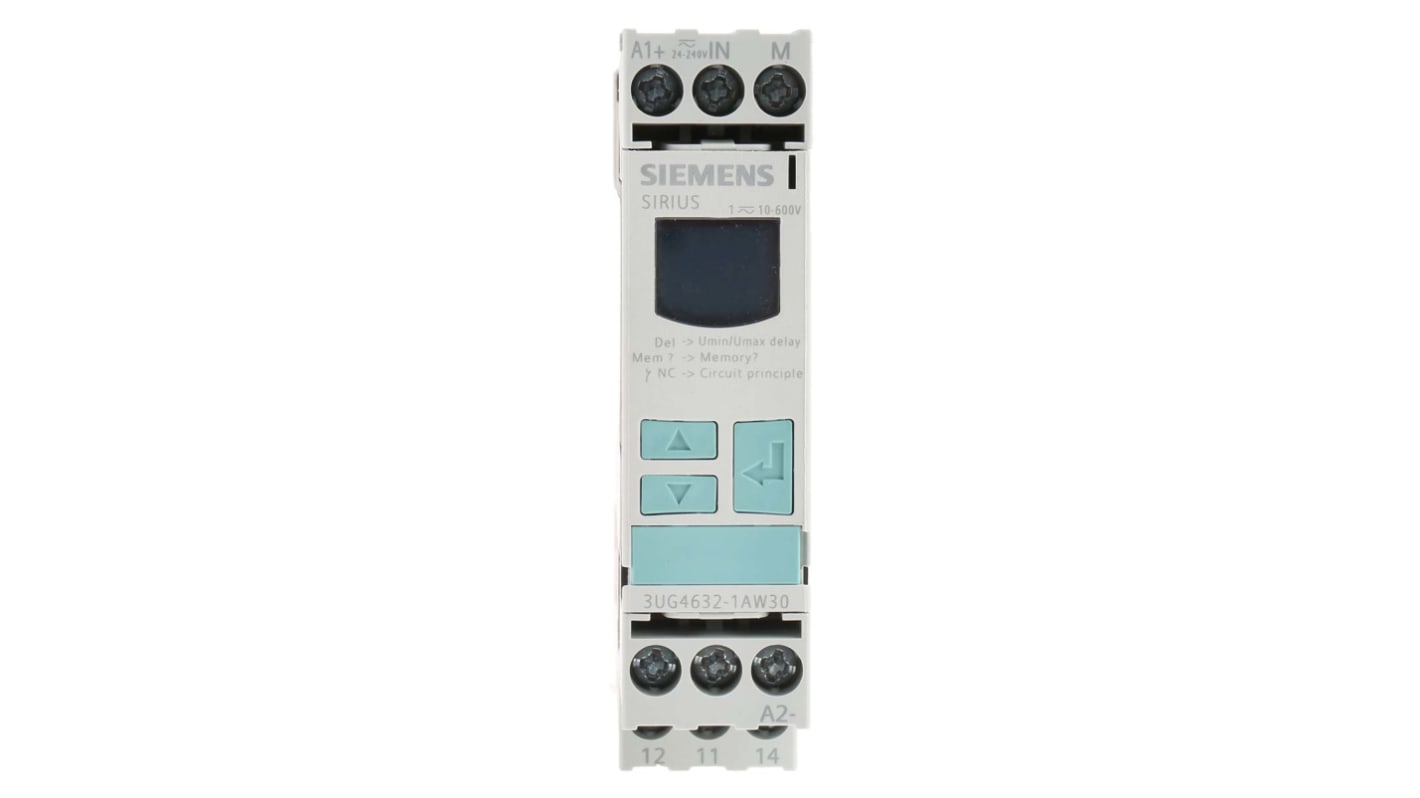 Relè di monitoraggio tensione Siemens 3UG4632-1AW30, SPDT, 24 V, gamma 10-600 V, montaggio su guida DIN, dimensioni 91 x 23 x 92 mm.