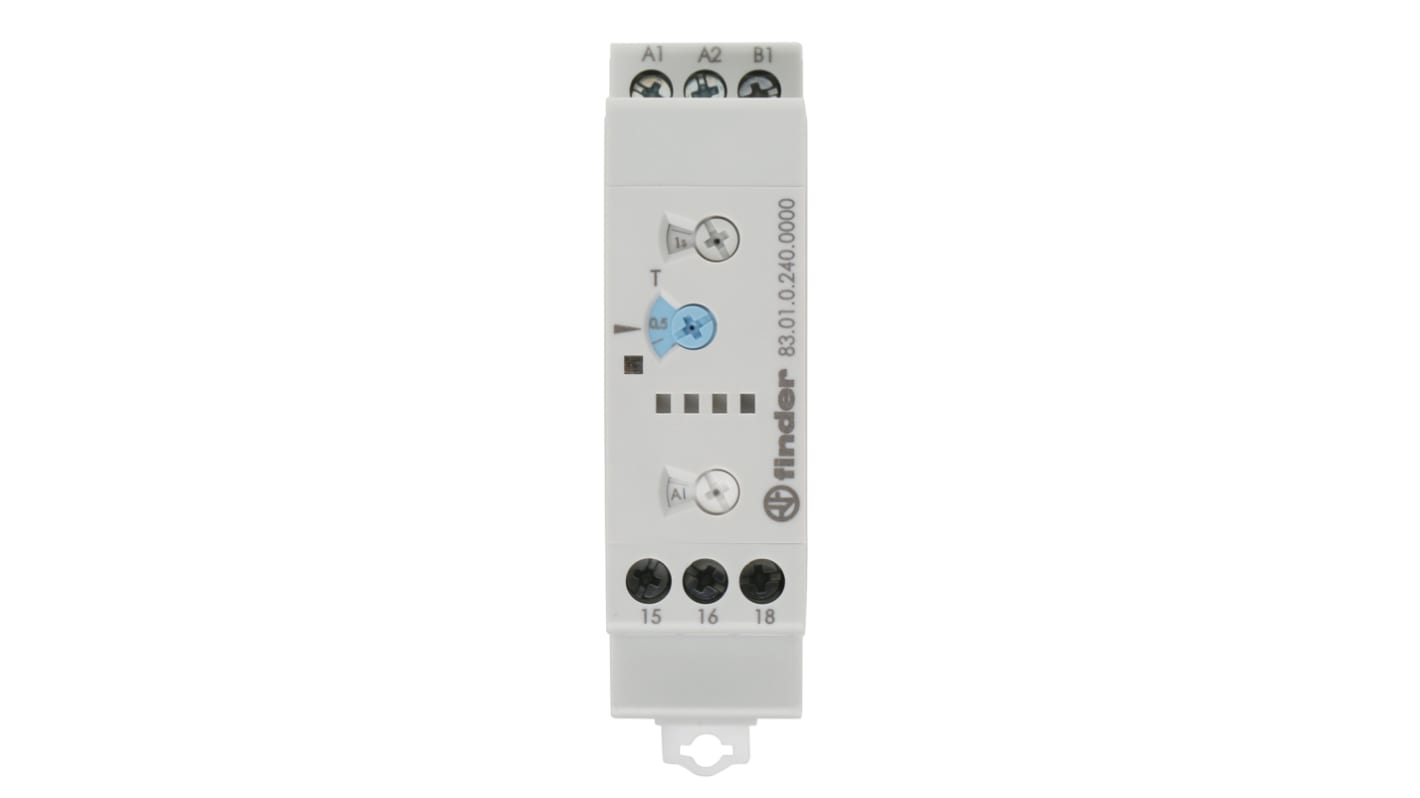 Finder Timer Relay SPDT, montaggio su guida DIN, intervallo 0,05 s a 10 h, 24-240 V, 16 A, dimensioni 22,5 x 86,2 x 100,3 mm.