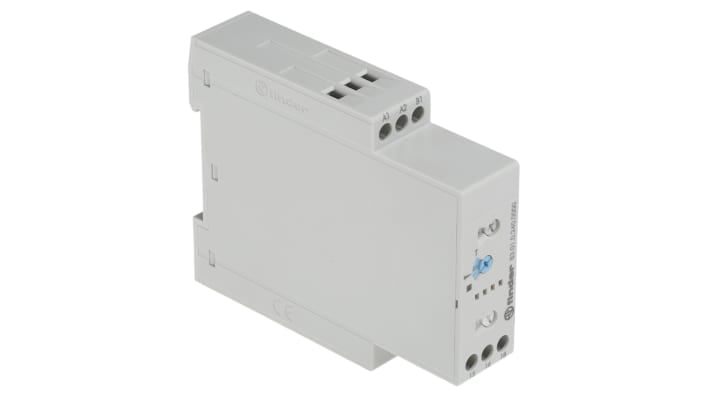 Finder Timer Relay SPDT, montaggio su guida DIN, intervallo 0,05 s a 10 h, 24-240 V, 16 A, dimensioni 22,5 x 86,2 x 100,3 mm.