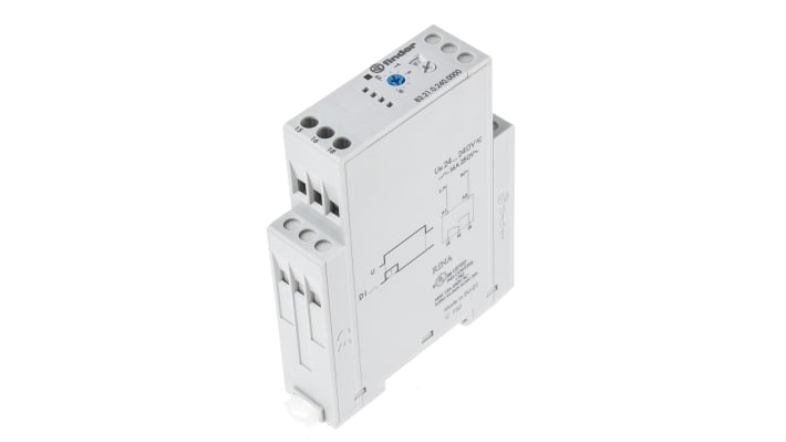 Finder Timer Relay SPDT, unità per montaggio su guida DIN, 22,5 mm, otto scale da 0,05 s a 10 giorni, alimentazione 24-240 V.
