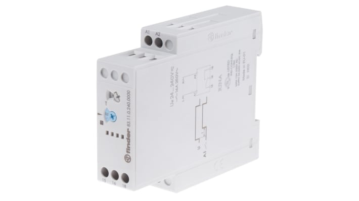Finder Timer Relay SPDT per guida DIN, intervallo 0.05-10 min, tensione 24-240 V, corrente massima 16 A.