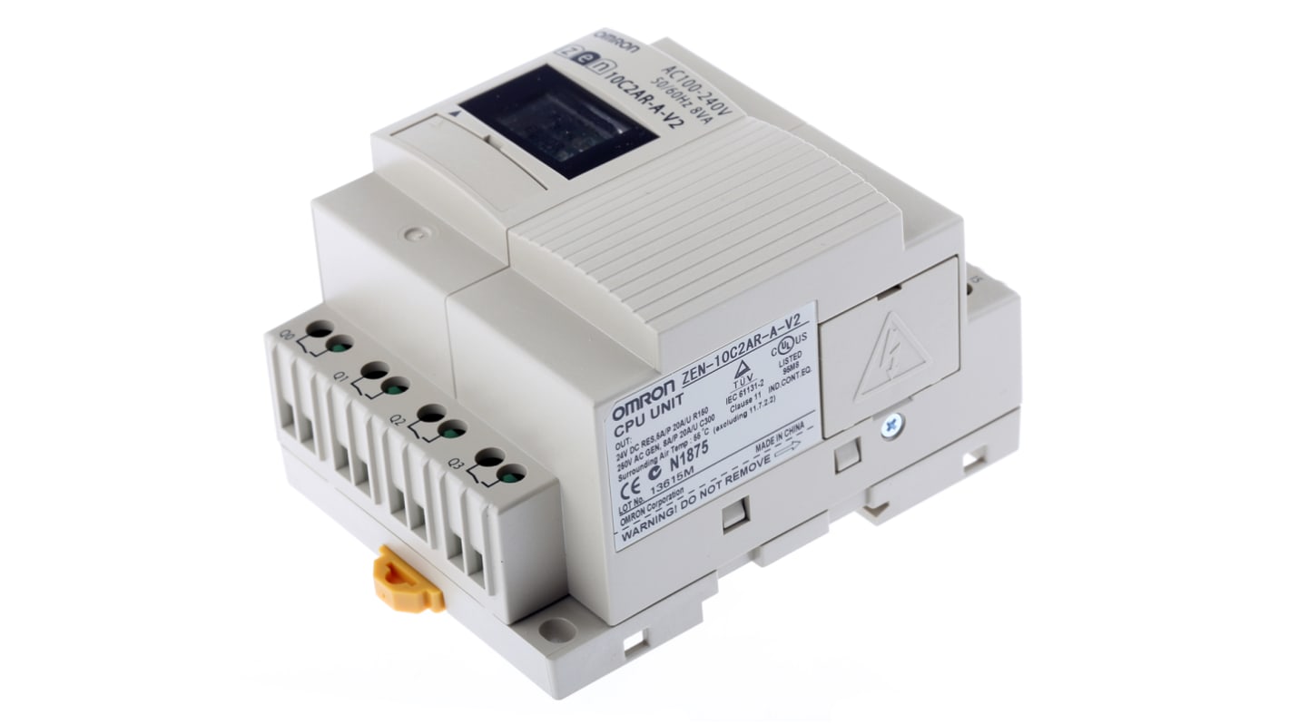 Modulo logico Omron ZEN-10C2AR-A-V2, 6 ingressi, 4 uscite relè, dimensioni 70 x 90 x 56 mm, montaggio su guida DIN.