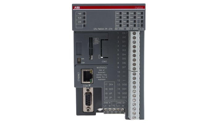 CPU PLC ABB 1SAP186200R0004 TA574-D-T-ETH, 8 ingressi e 6 uscite, montaggio su guida DIN, dimensioni 74 x 82 x 148 mm.