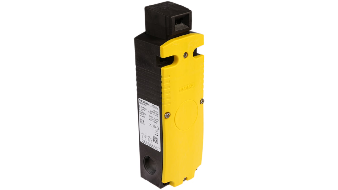 Interruttore di interblocco a solenoide Siemens 3SE5322-0SB21, 24V cc, contatti 2NC, protezione IP66/IP67, dimensioni 184.1 x 43.8 x 54 mm.