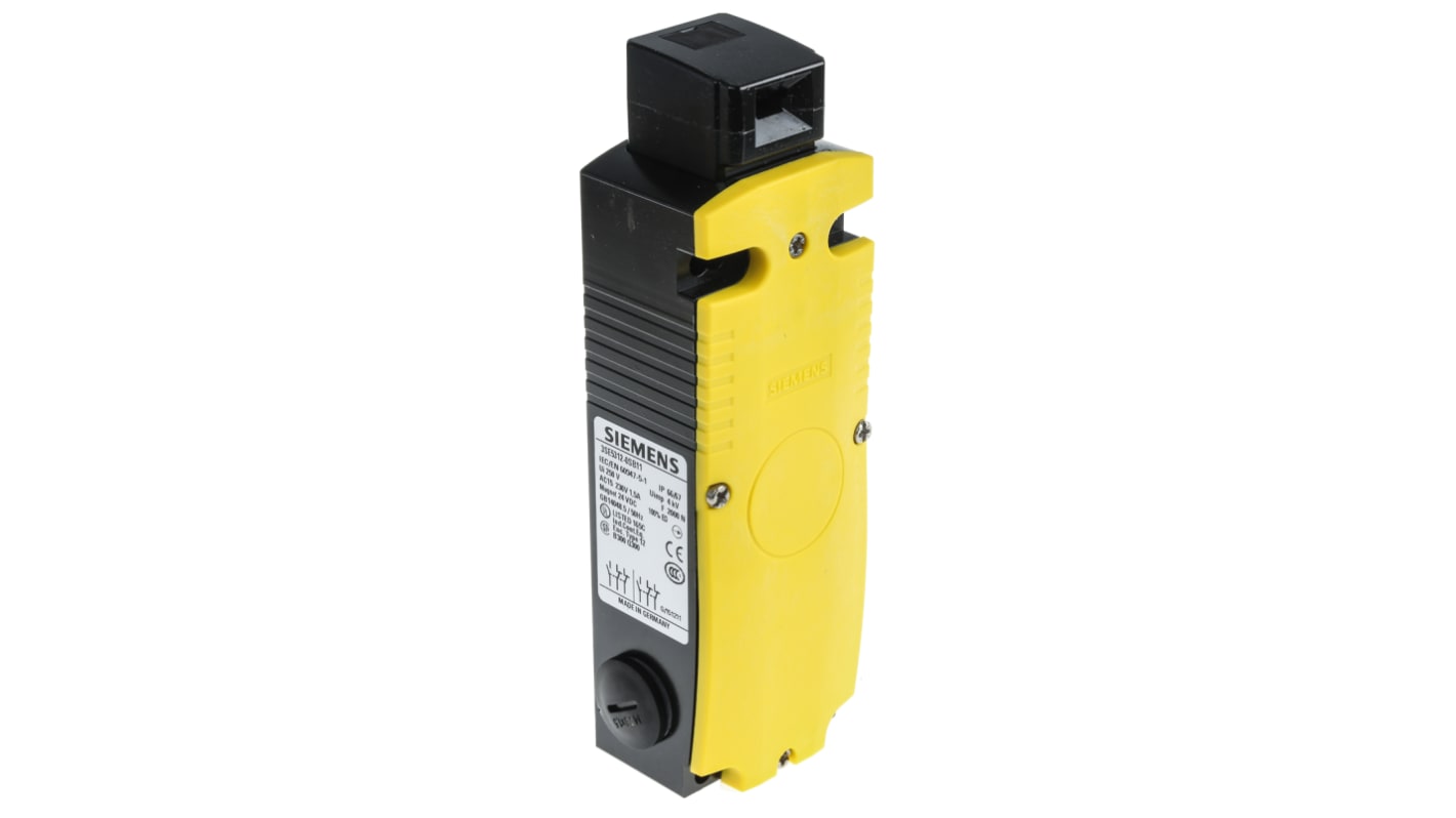 Interruttore di interblocco a solenoide Siemens 3SE5312-0SB11, 24V cc, contatti 2NC e 1NO, grado di protezione IP66/IP67.