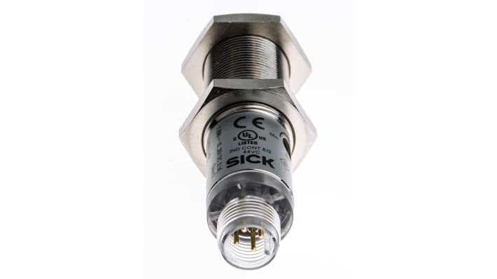 Sensore fotoelettrico cilindrico Sick VTE180-2P42442, rilevamento 1-450 mm, uscita PNP, montaggio filettato, IP67.