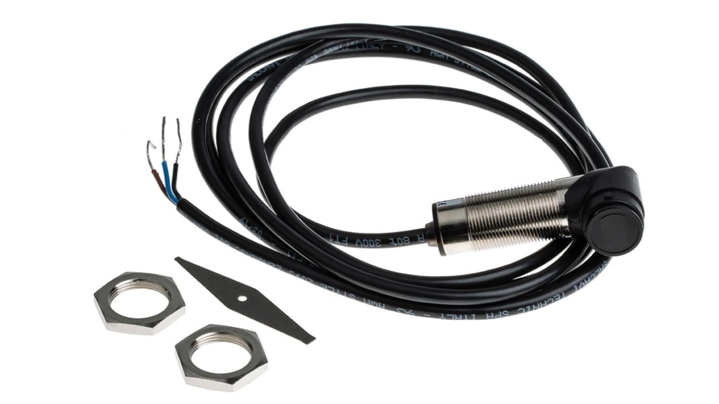 Sensore fotoelettrico cilindrico Sick VTF18-3F1412, rilevamento 3-100 mm, uscita PNP, montaggio filettato, IP67.