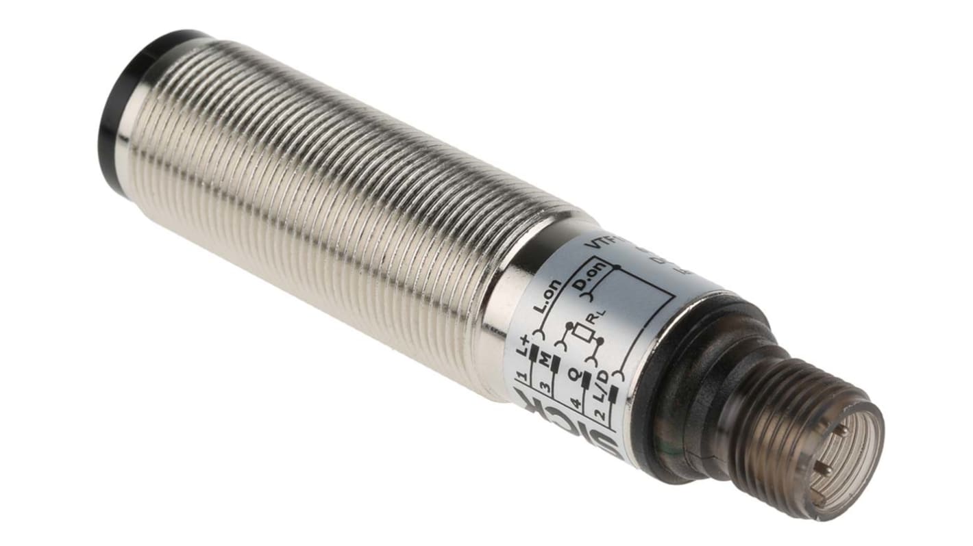 Sensore fotoelettrico cilindrico Sick VTF18-4P1240, rilevamento da 3 mm a 100 mm, uscita PNP, montaggio filettato, IP67.